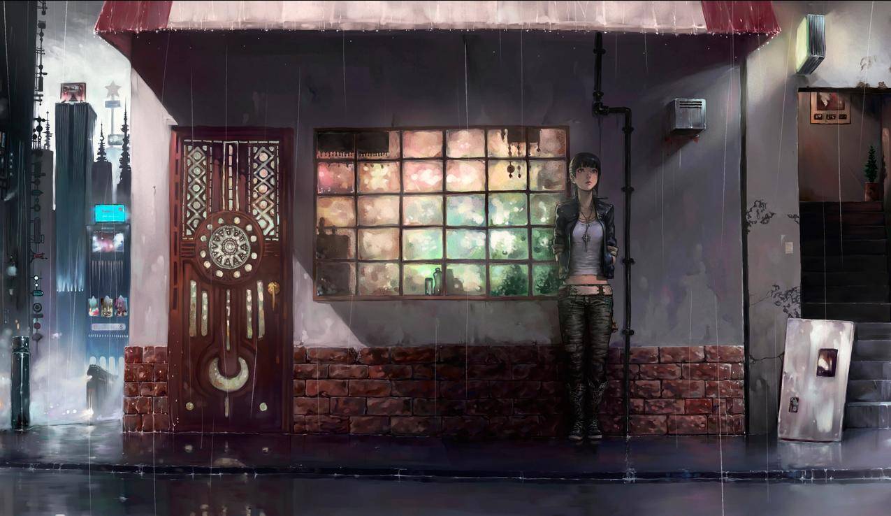 女人,原创人物,动漫,雨,城市,画画,房子,门,漫画,砖块,城市