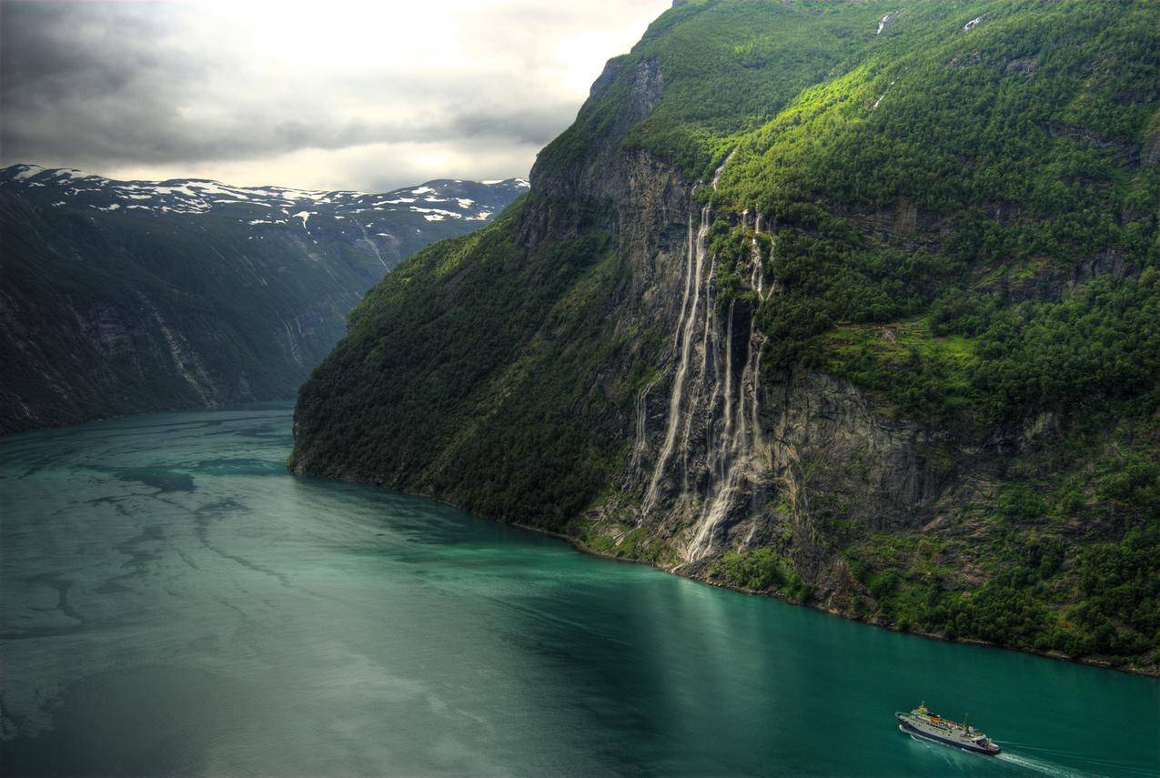 挪威,风景,瀑布,盖朗厄尔,峡湾,SevenSistersWaterfall