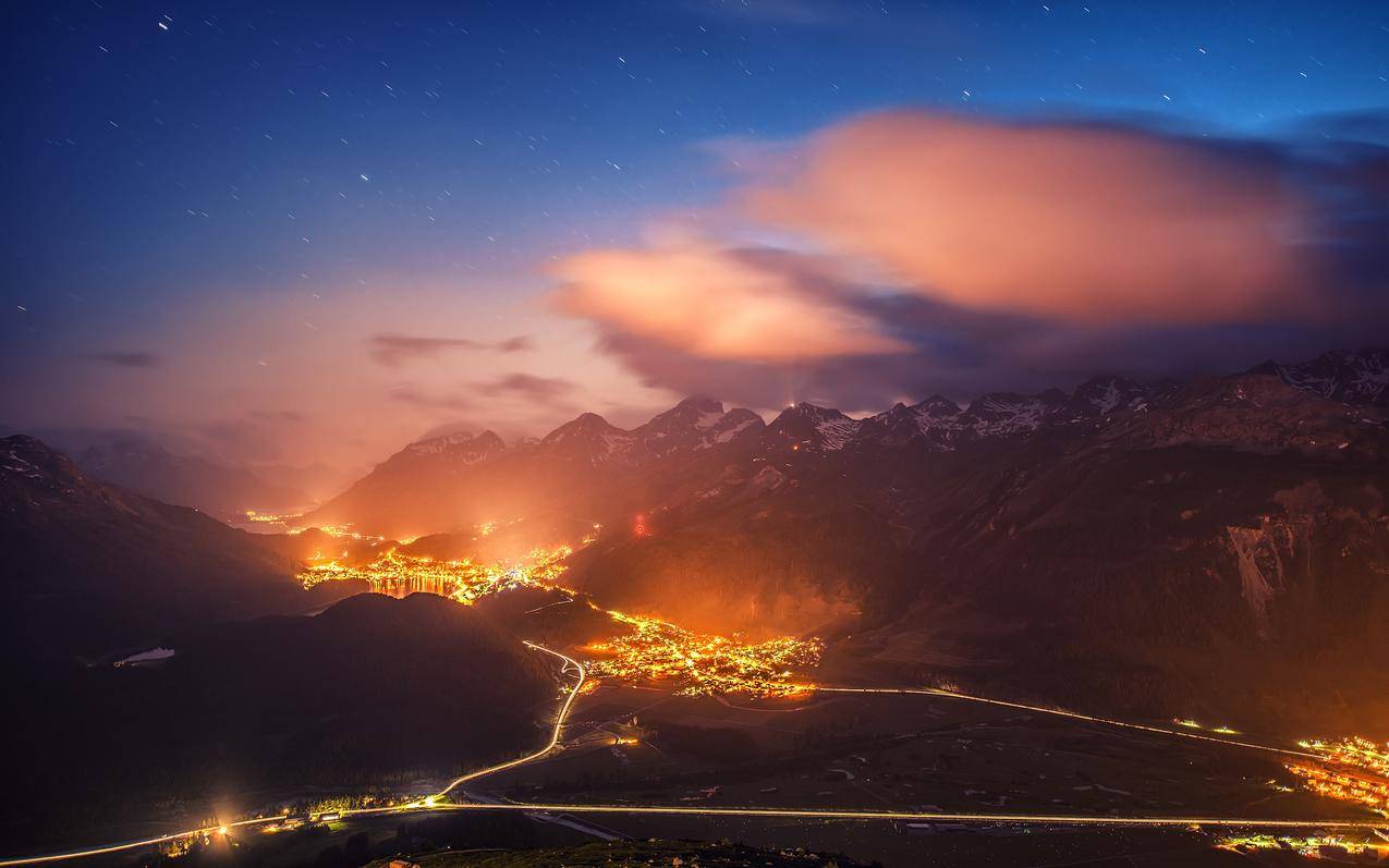 自然,风景,星光,灯光,山脉,城市景观,道路,StMoritz,瑞士,山谷,傍晚,薄雾