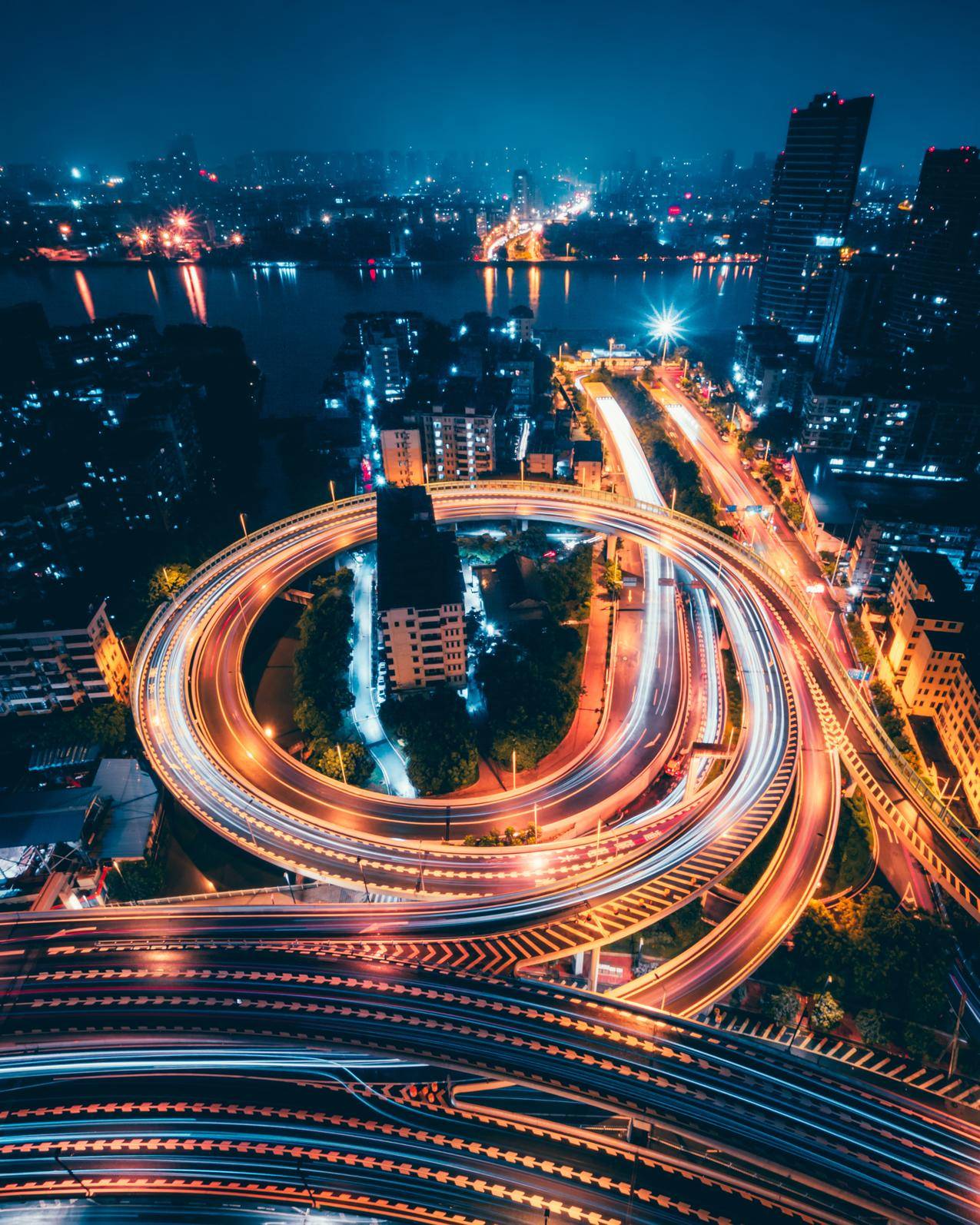 SimonZhu,lighttrails,中国,高速公路,夜晚,longexposure,沥青,建筑,城市,立交桥,城市景观