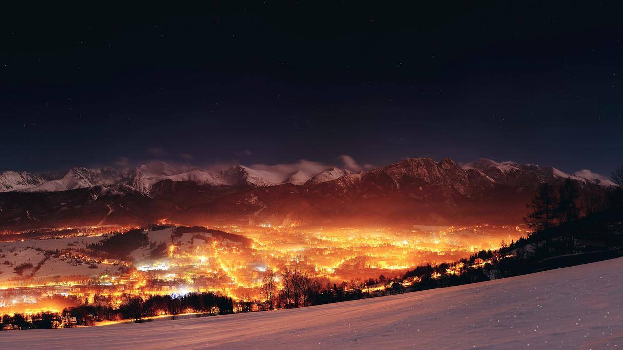 风景,山脉,灯光,夜晚,波兰