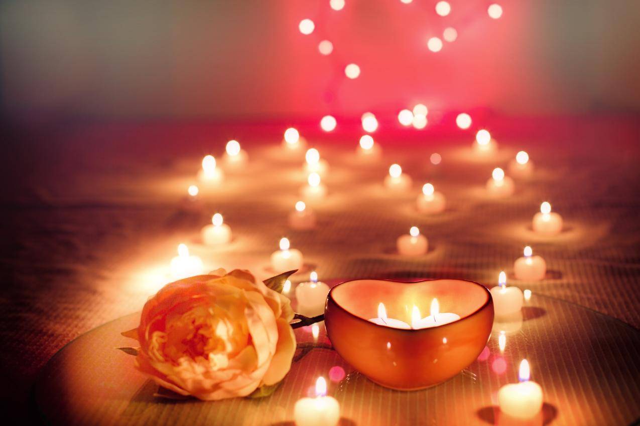 蜡烛,情人节,花,点燃蜡烛,浪漫,爱心,4K壁纸