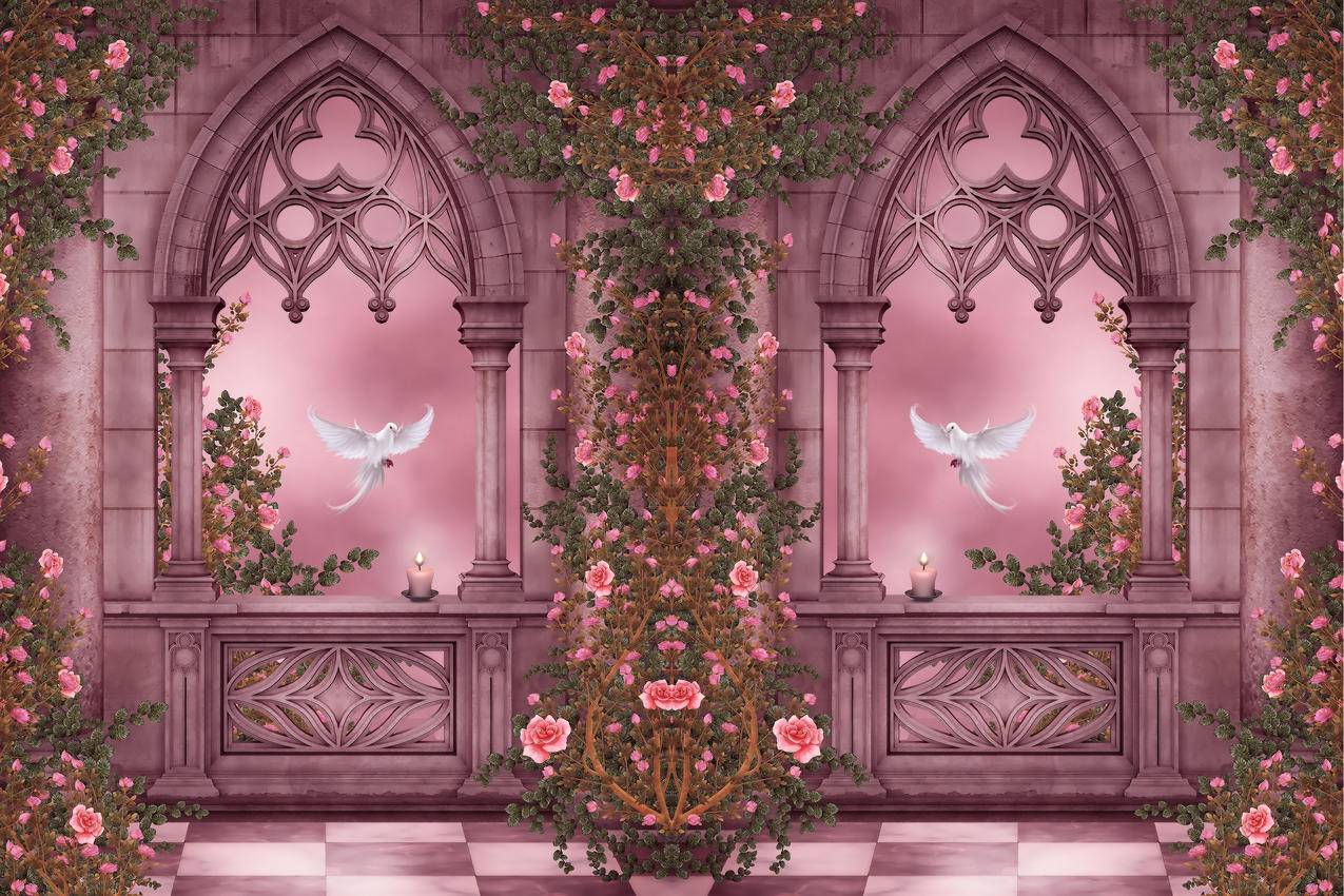 玫瑰园,鲜花,蜡烛,窗口,石柱,鸽子,唯美梦幻绘画图片