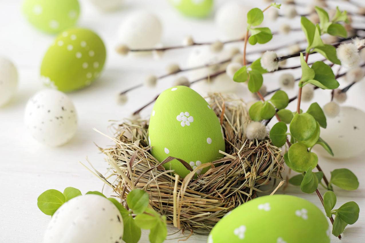 复活节快乐,绿色鸡蛋装饰,4K壁纸