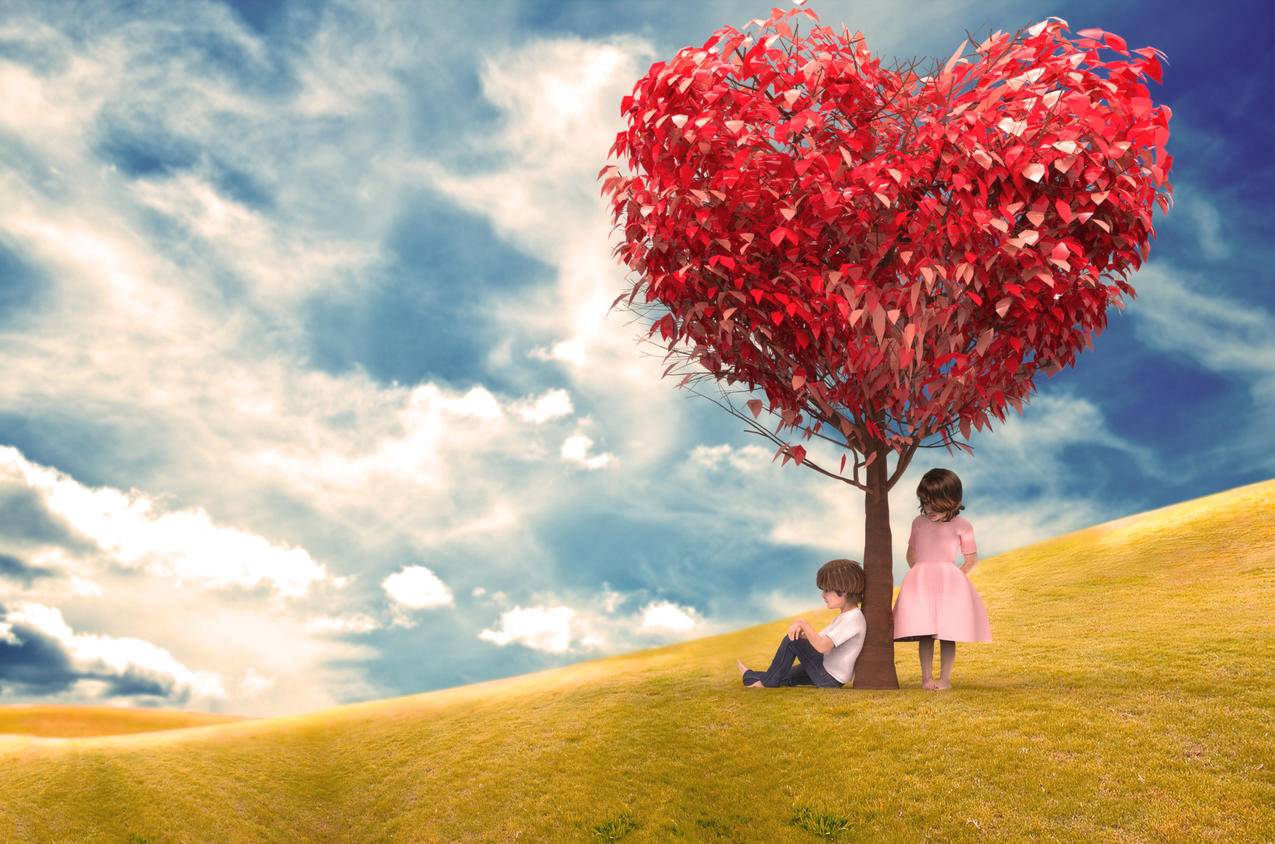 爱心,浪漫树,两小无猜,4K背景图片