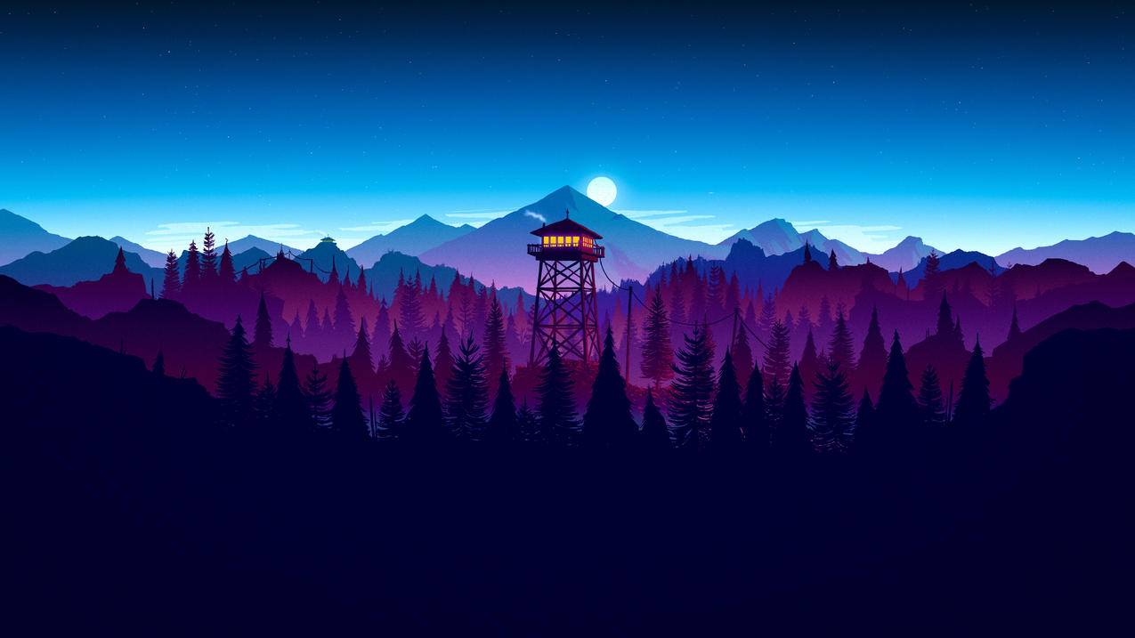 山,瞭望塔,树林,月亮,绘画风景图片