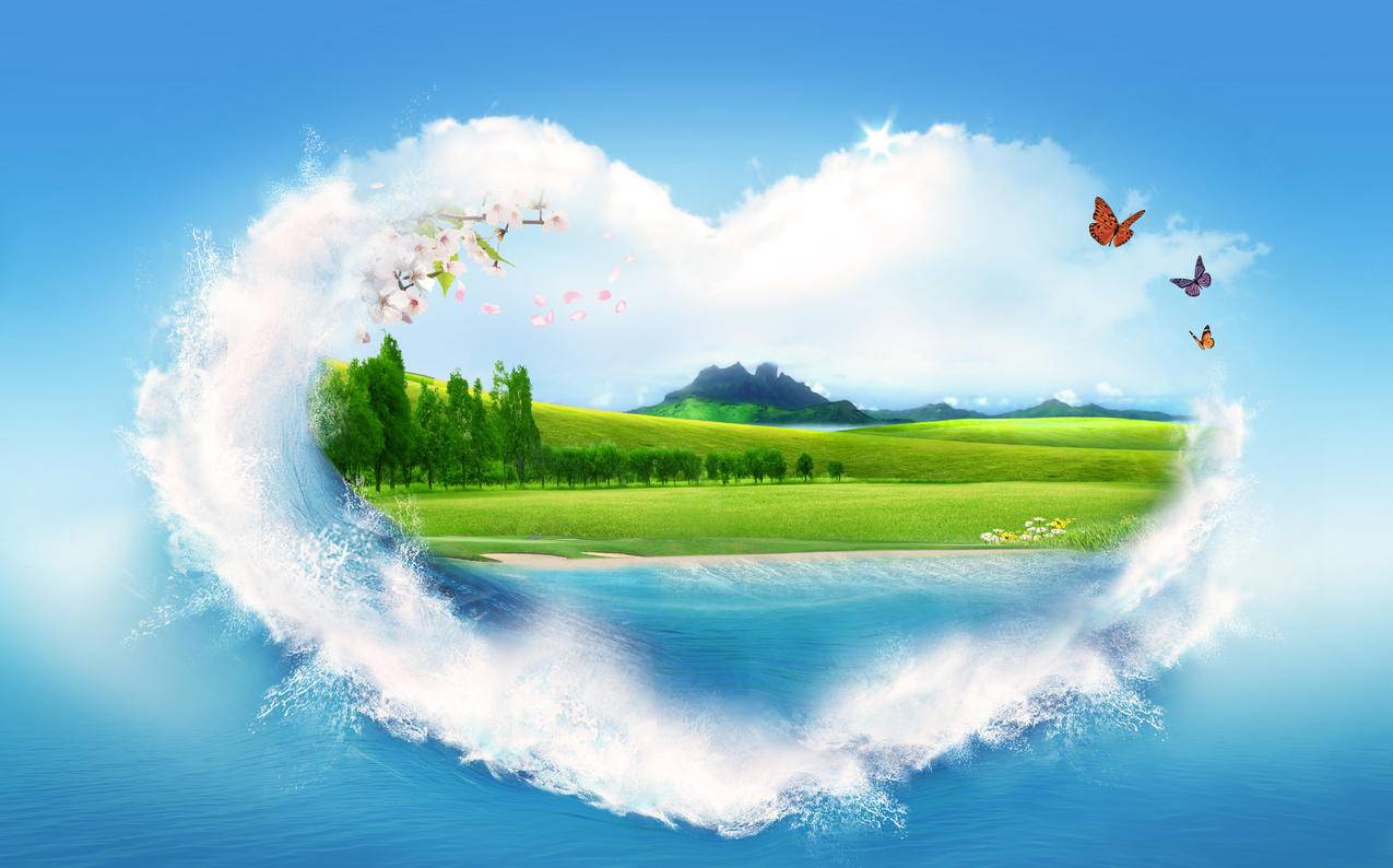 心形,爱心,山水风景画,蝴蝶,创意5K风景图片