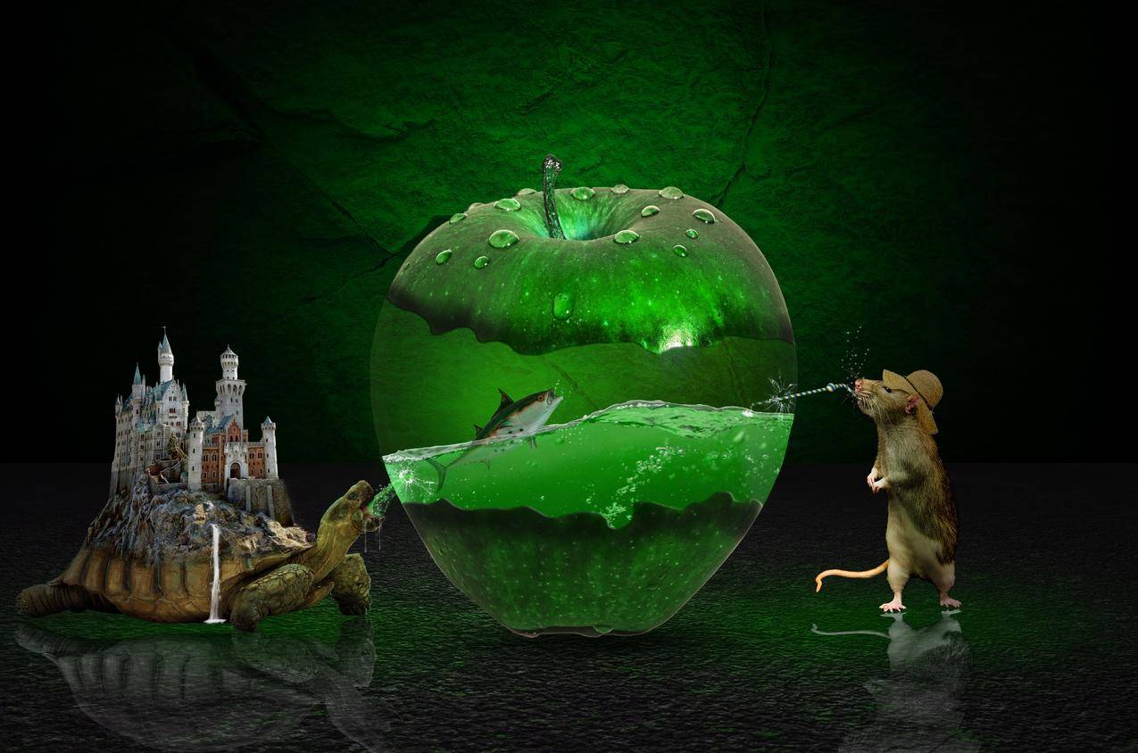 绿色苹果,photoshop,幻想,大鼠,龟,城堡,创意设计,4K图片