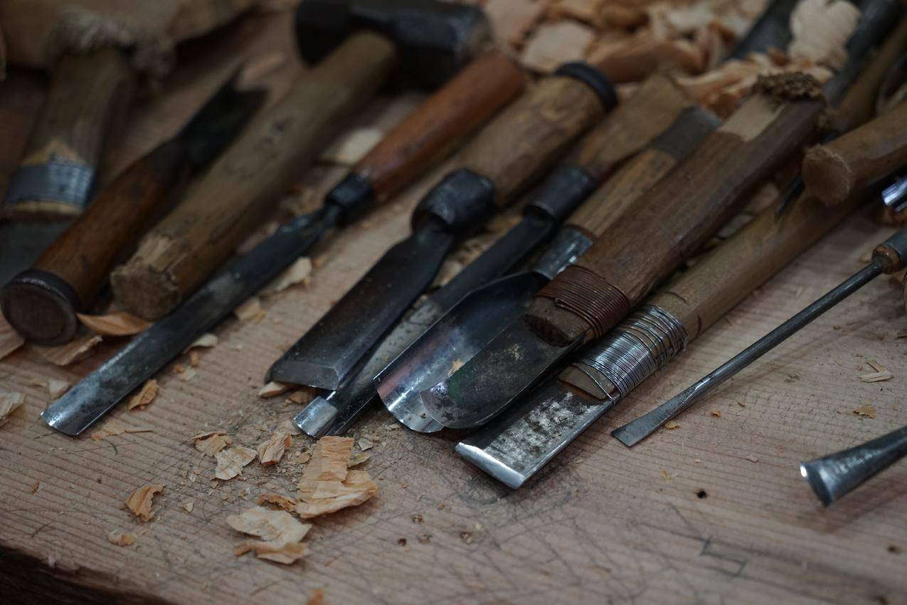 木工,堆积的金属工具,图片