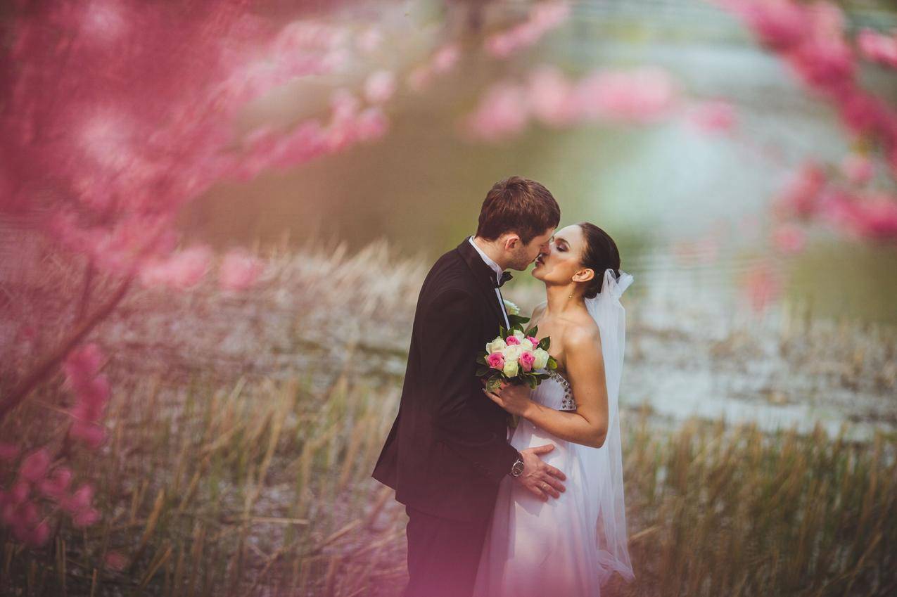 婚礼,鲜花,新娘新郎结婚服装礼服,亲嘴接吻,摄影图片