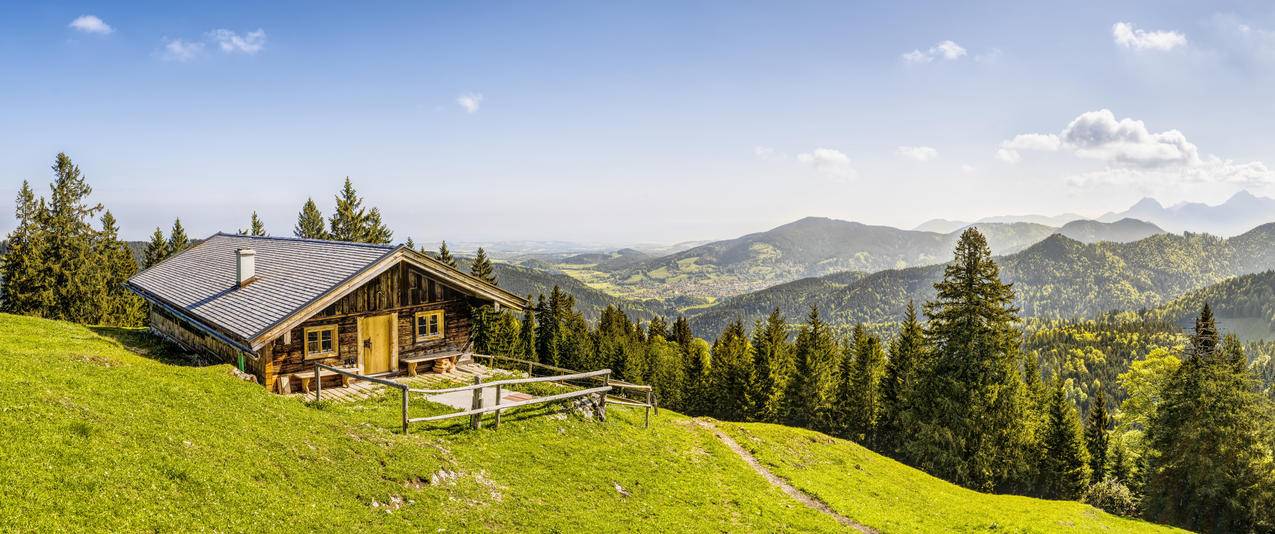 高山,山上的小屋,天空,森林,巴伐利亚3440x1440风景壁纸