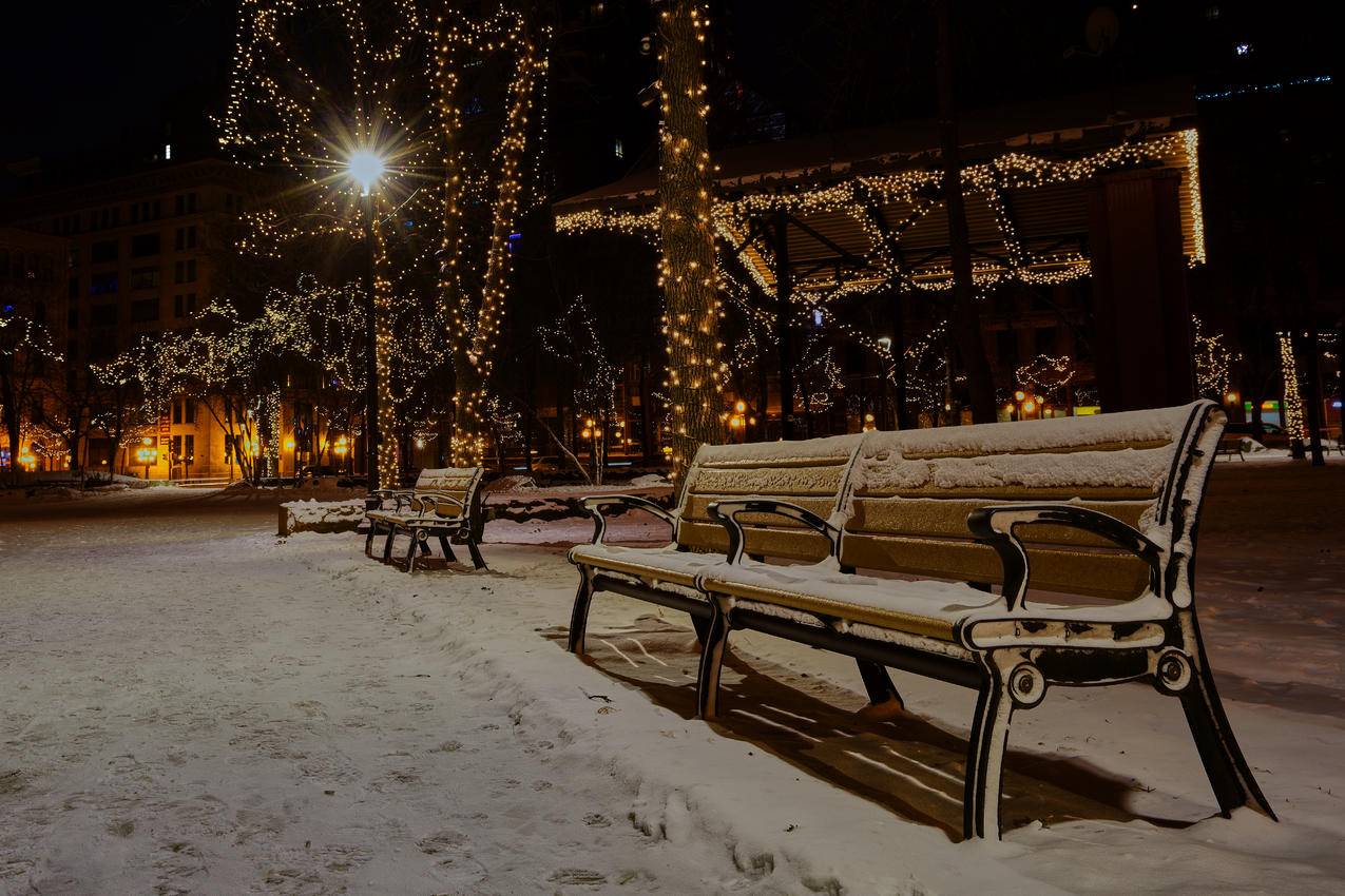 公园里雪地长椅的图片