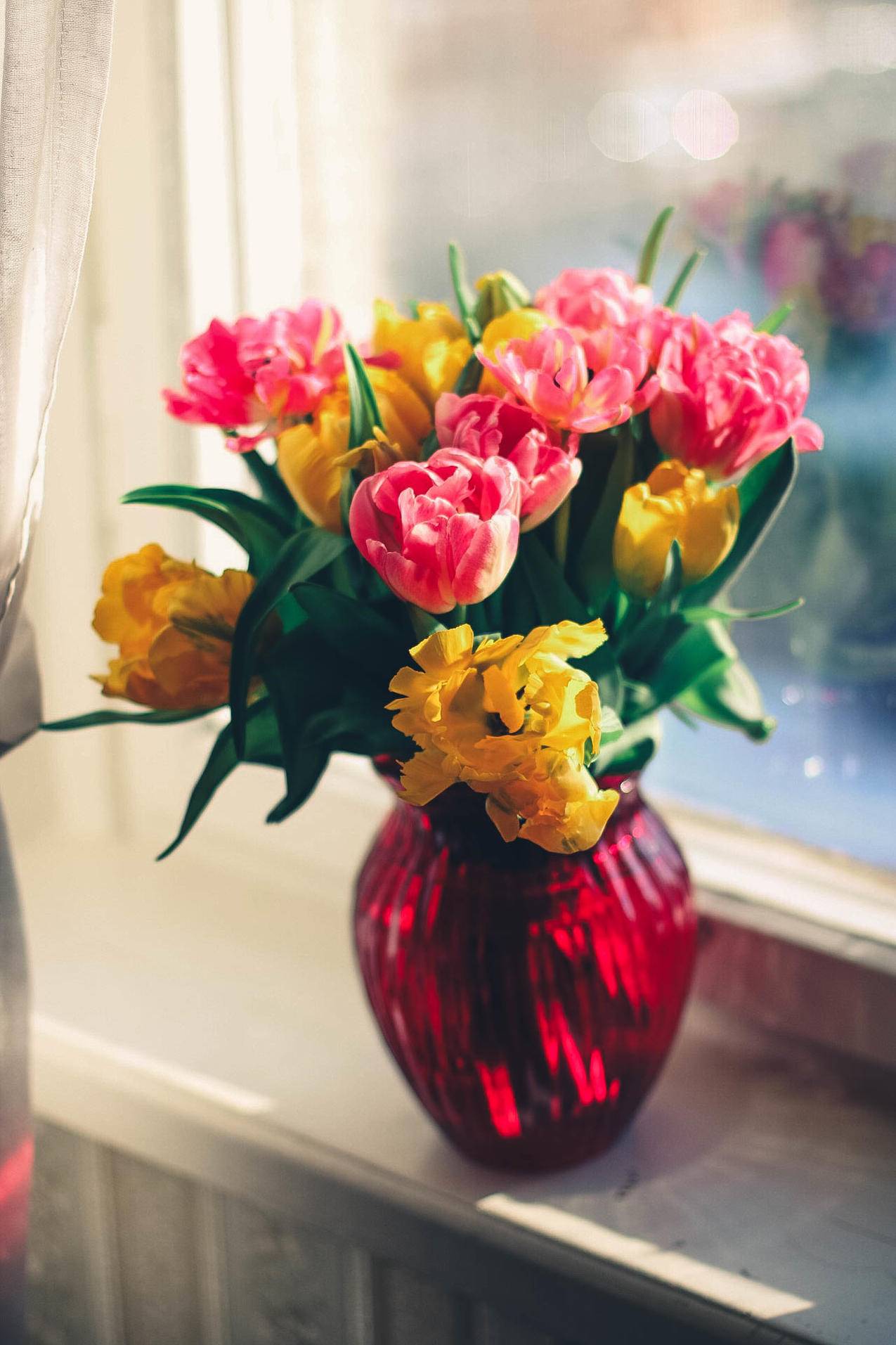 红色玻璃花瓶上的粉红色和黄色花瓣花