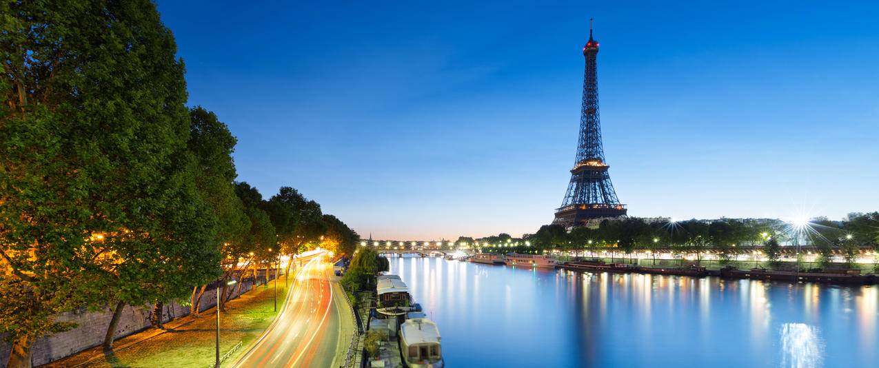 法国巴黎城市夜景,河流,埃菲尔铁塔3440x1440壁纸