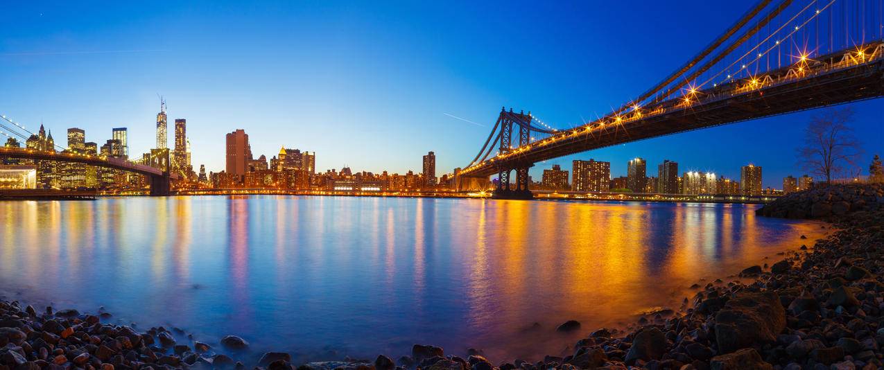 海湾的全景,纽约曼哈顿的桥梁3440x1440风景壁纸