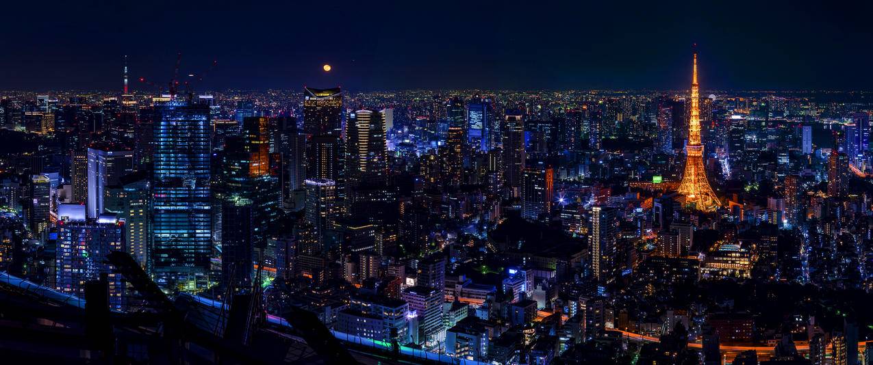 日本东京城市夜景3440x1440壁纸