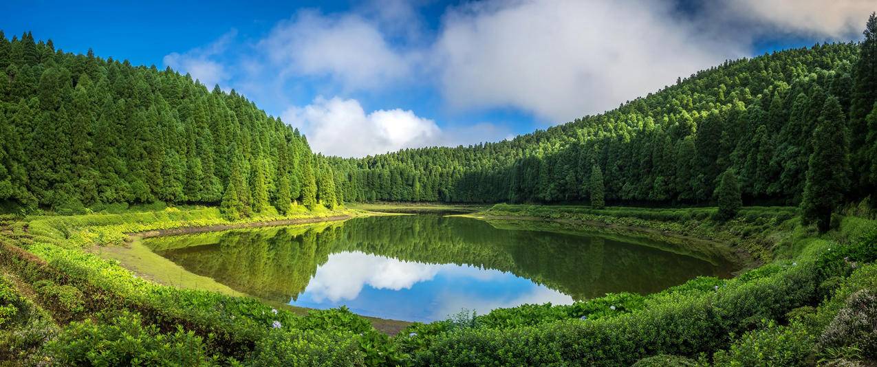 葡萄牙亚速尔群岛,天空,云,草,森林,湖水,3440x1440风景壁纸