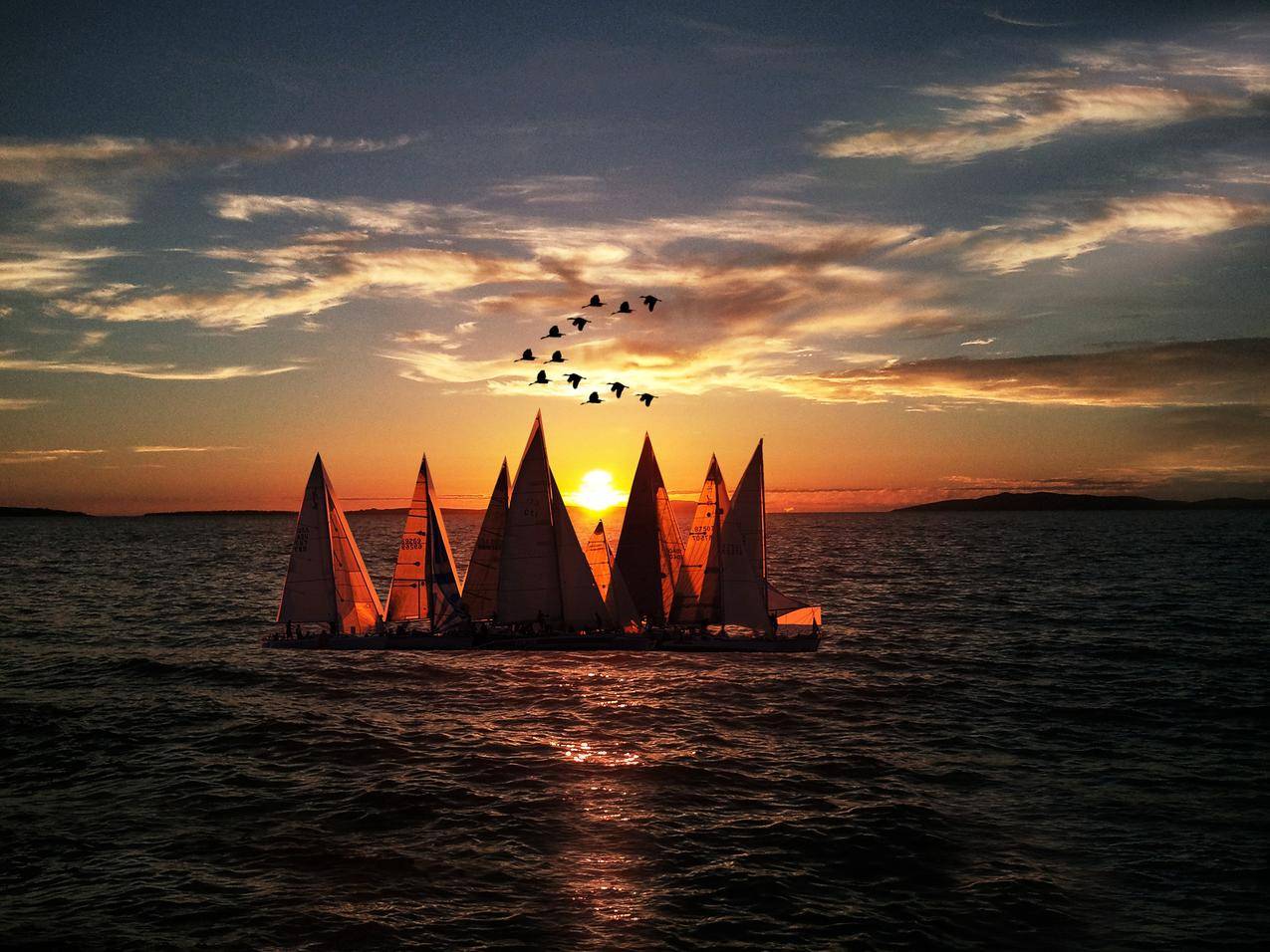 日落时海上航行的帆船
