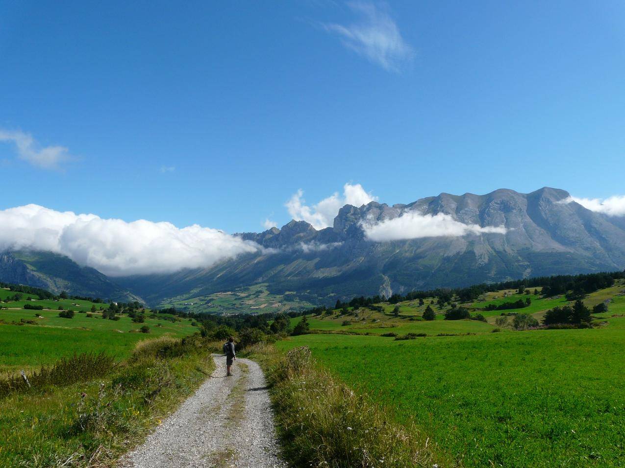 高山云朵,草地,路的图片