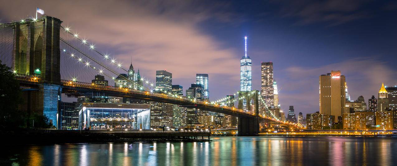 纽约金融区和华尔街大桥夜景壁纸3440x1440