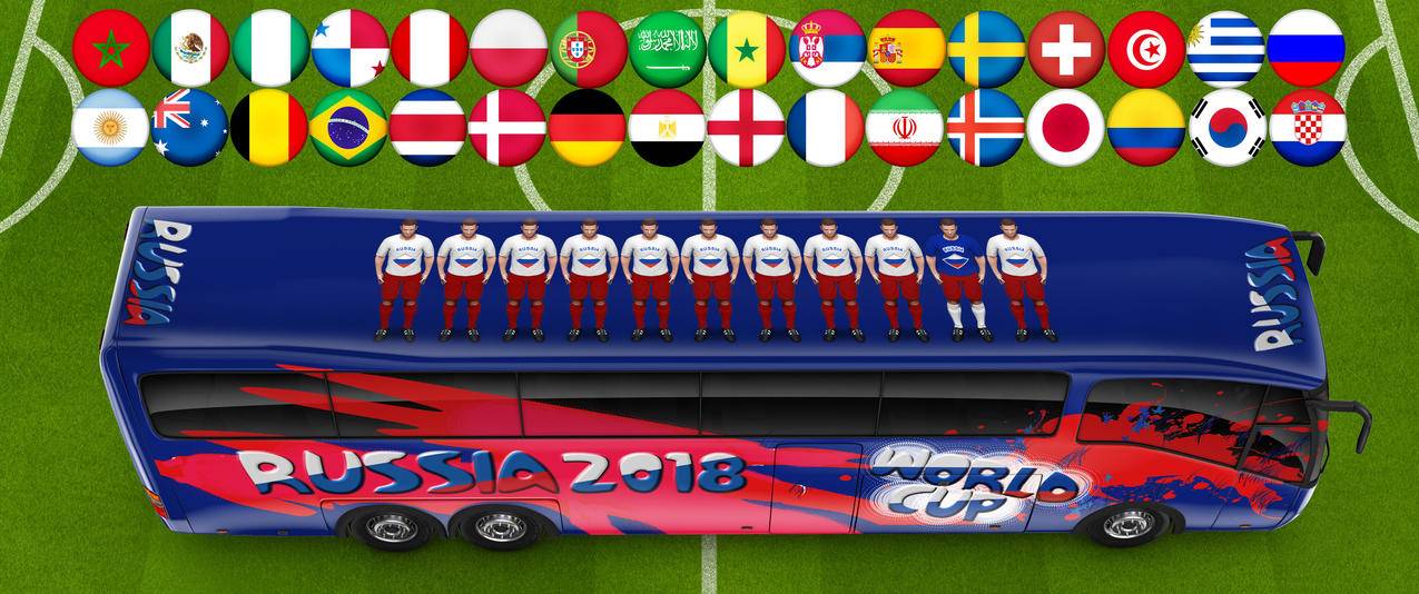 2018世界杯足球赛,俄罗斯,创意巴士,球队大巴,3440x1440壁纸