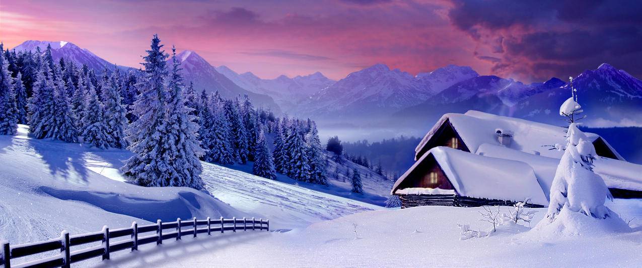 冬天,小屋,村庄,栅栏,雪,树,3440x1440风景壁纸