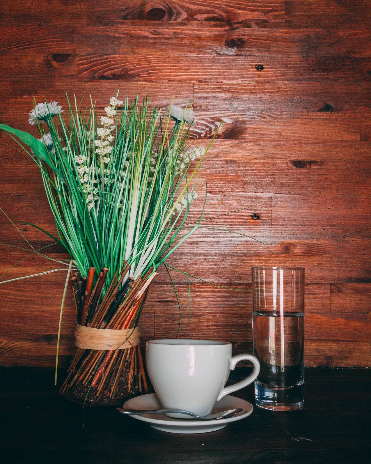 白色陶瓷茶杯和茶碟旁的绿叶植物