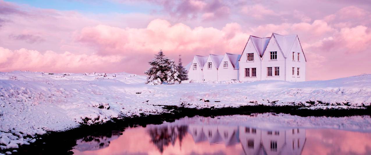 雪的房子风景曲面显示器3440x1440壁纸
