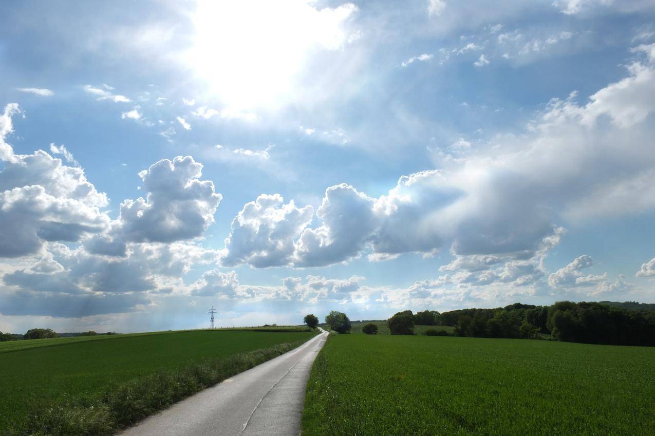 天空云朵,绿色植被与路的图片