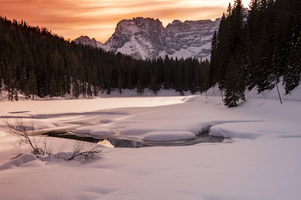 被雪覆盖的树木和山脉环绕的风景摄影