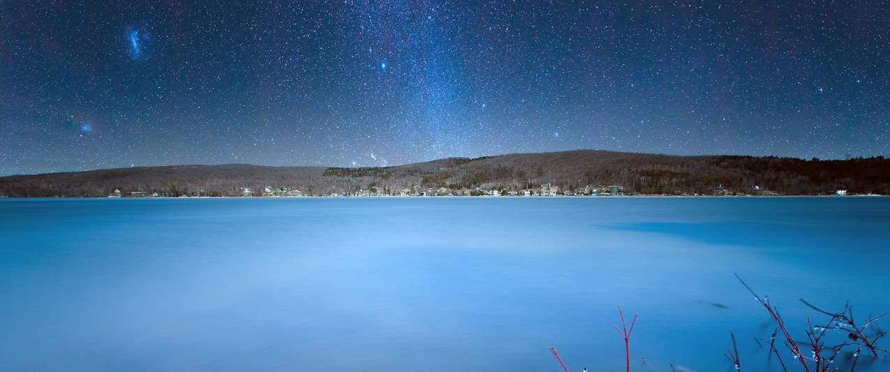 加拿大威廉湖,美丽的银河系3440x1440壁纸