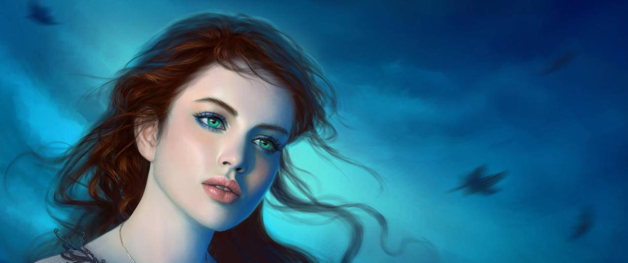 幻想的女孩,绿色的眼睛,3440x1440壁纸