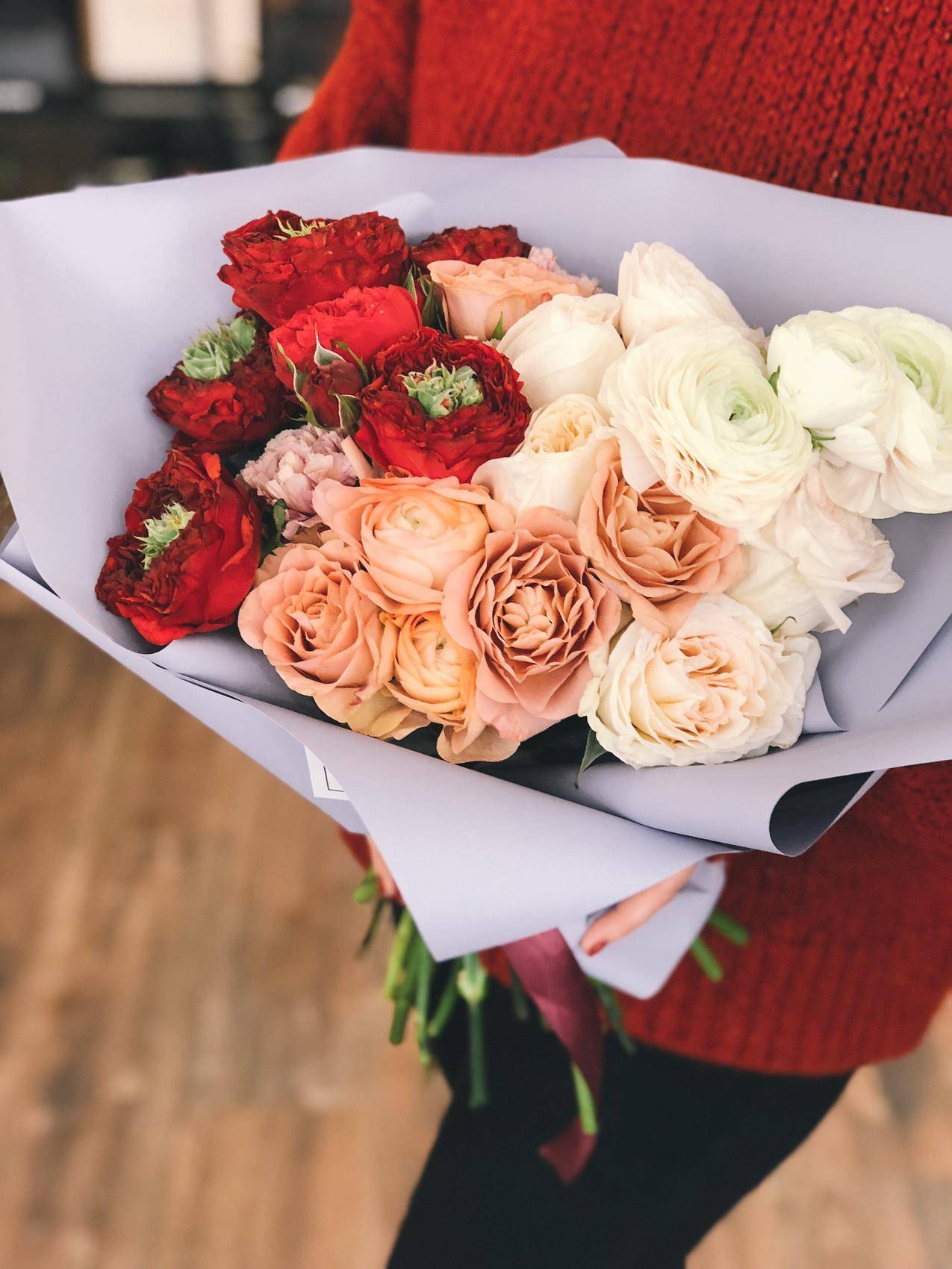 红色,桃色和White,Roses,Bouquet