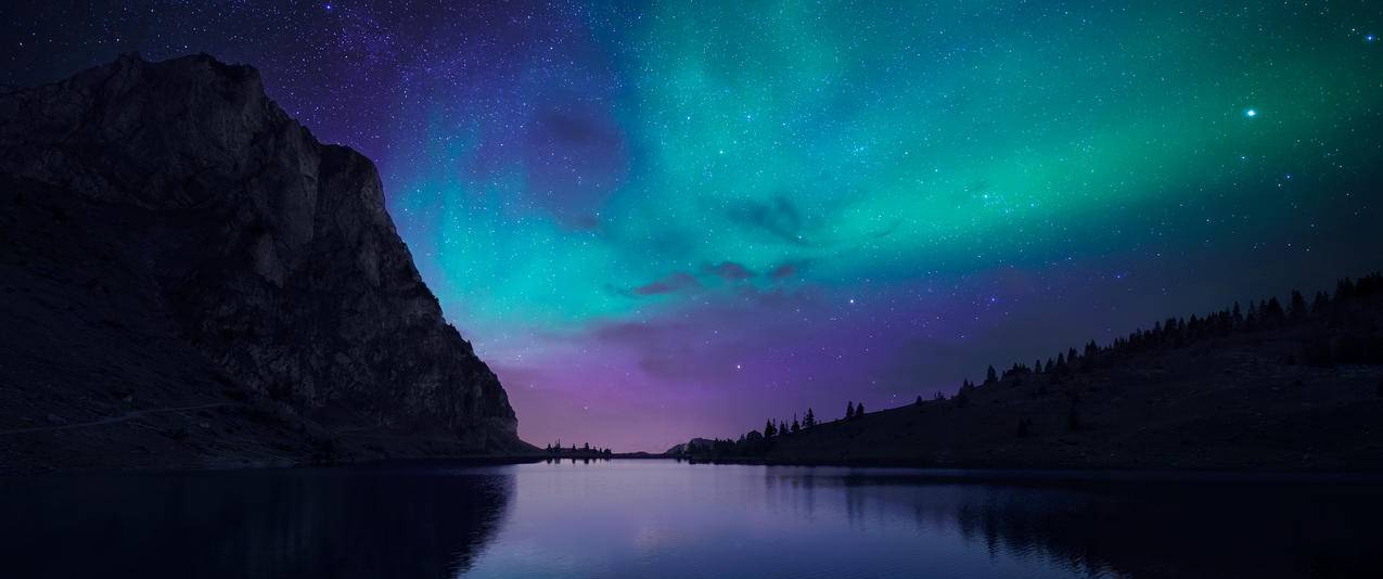 瑞士,湖,冰岛,极光,星空,奥罗拉湖的夜晚3440x1440风景壁纸