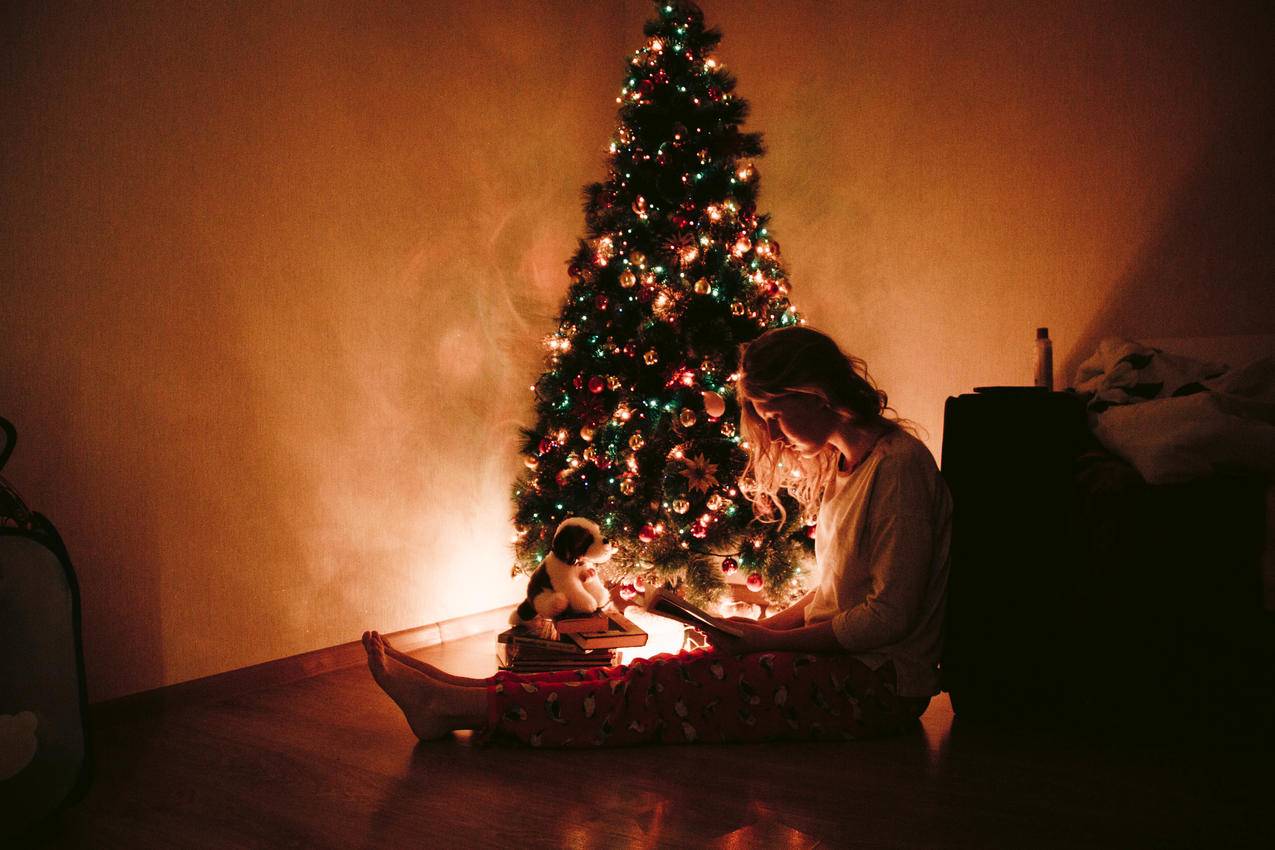 一张坐在圣诞树旁的女人的高清大图