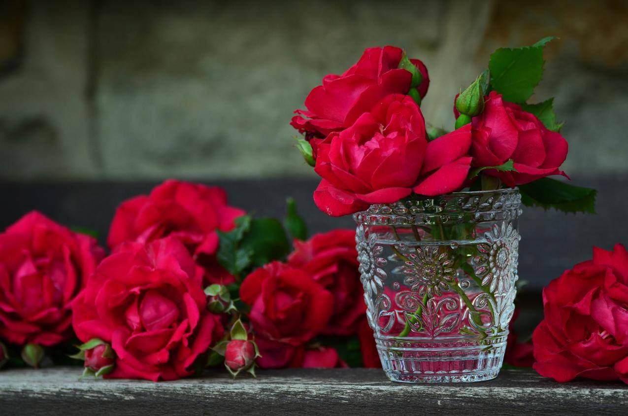 玻璃容器上的3朵红玫瑰