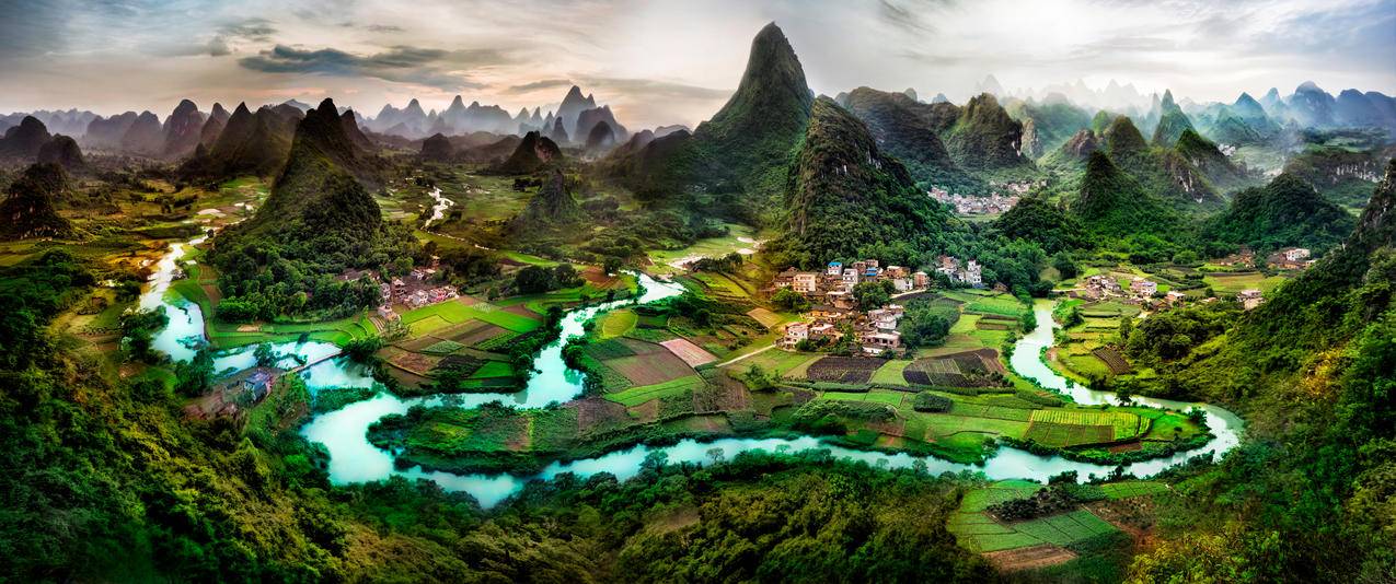 广西桂林山水风景全景鸟瞰摄影3440x1440带鱼屏高清壁纸