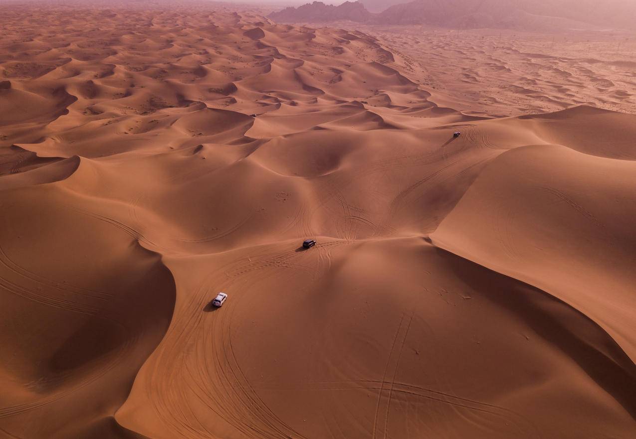 沙漠沙丘上的两辆车