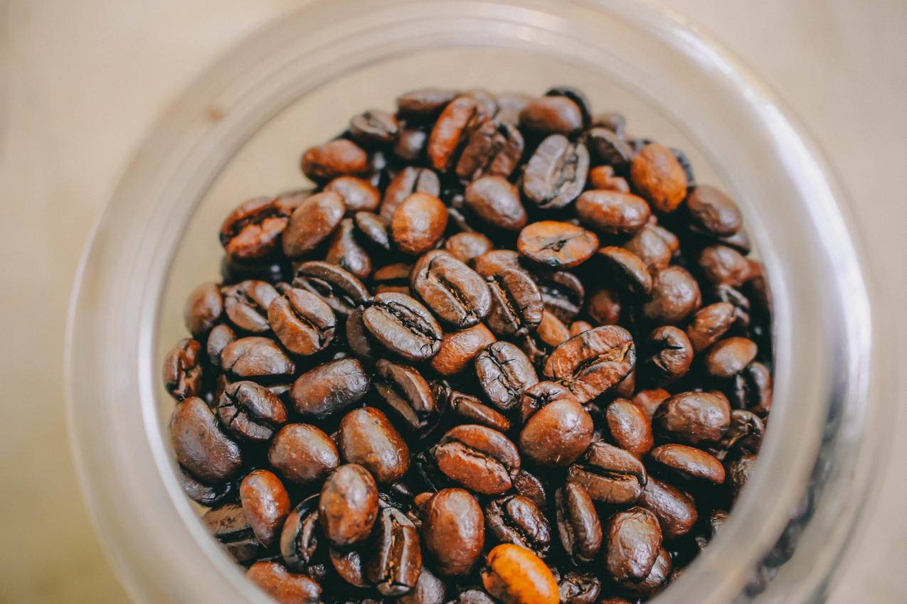 透明咖啡壶内褐色咖啡豆的图片