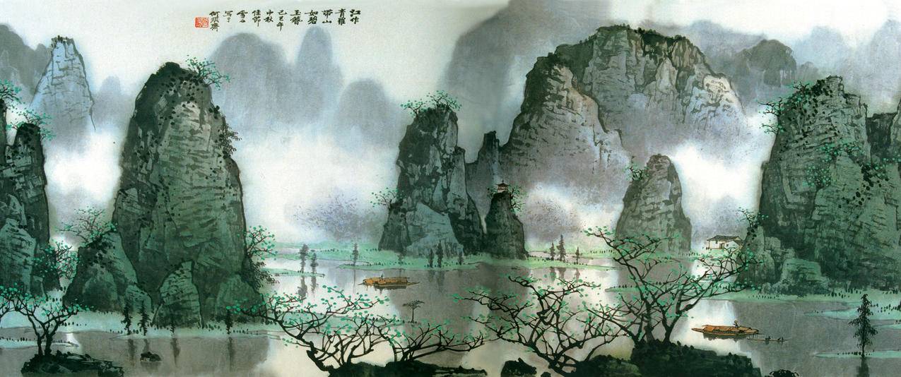 桂林山水水墨画3440x1440风景壁纸