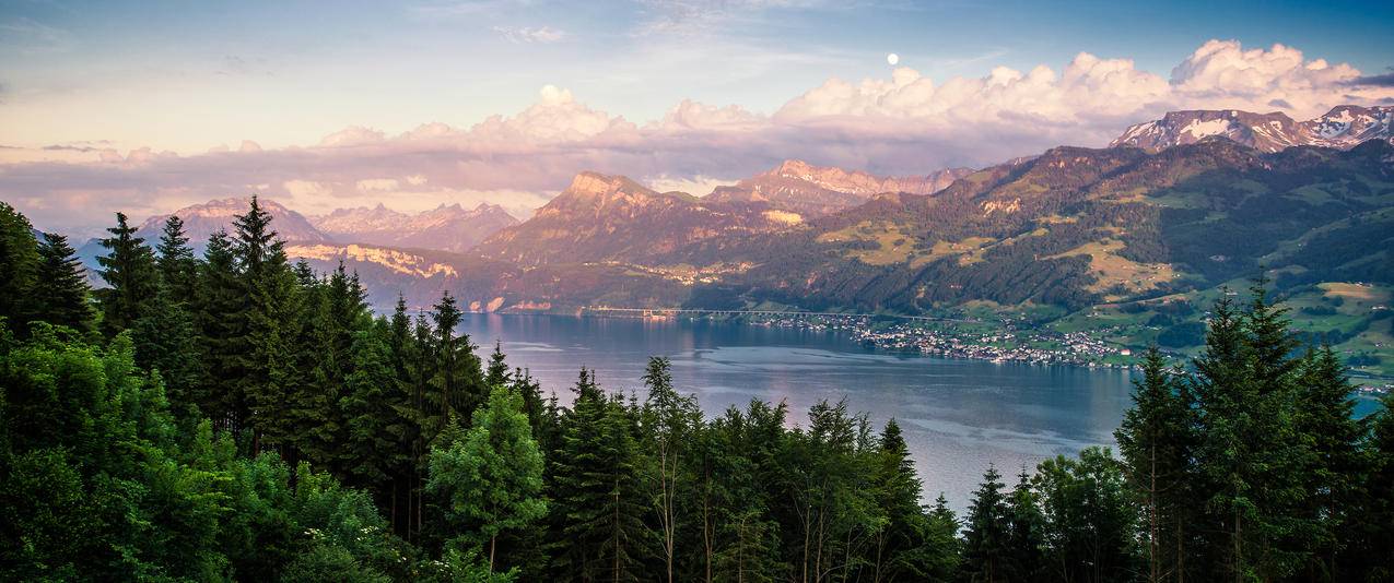 瑞士苏黎世湖村风景3440x1440壁纸