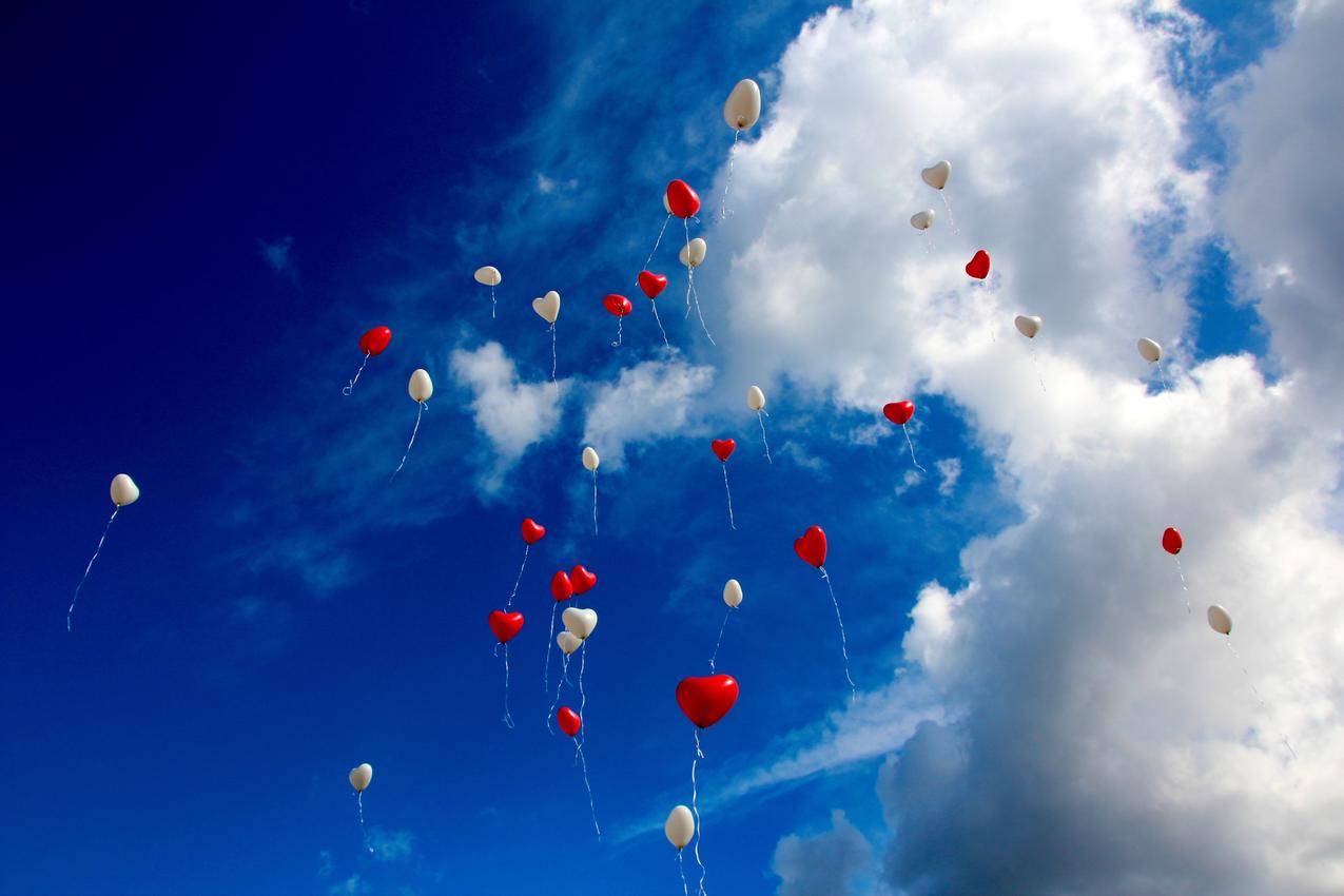 白天天空中白色和红色塑料心脏气球