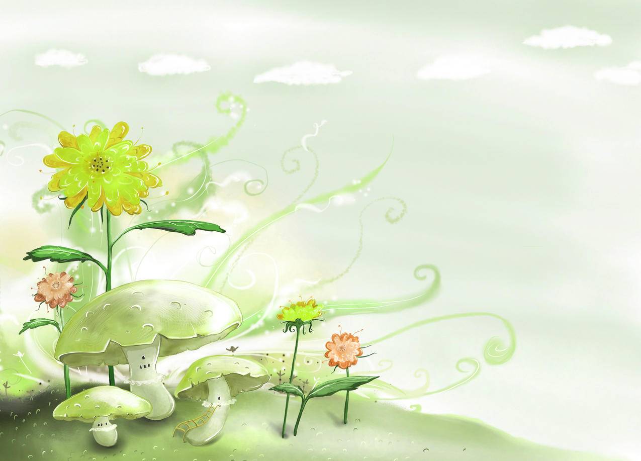 鲜花,蘑菇,云,绘画,4K卡通壁纸