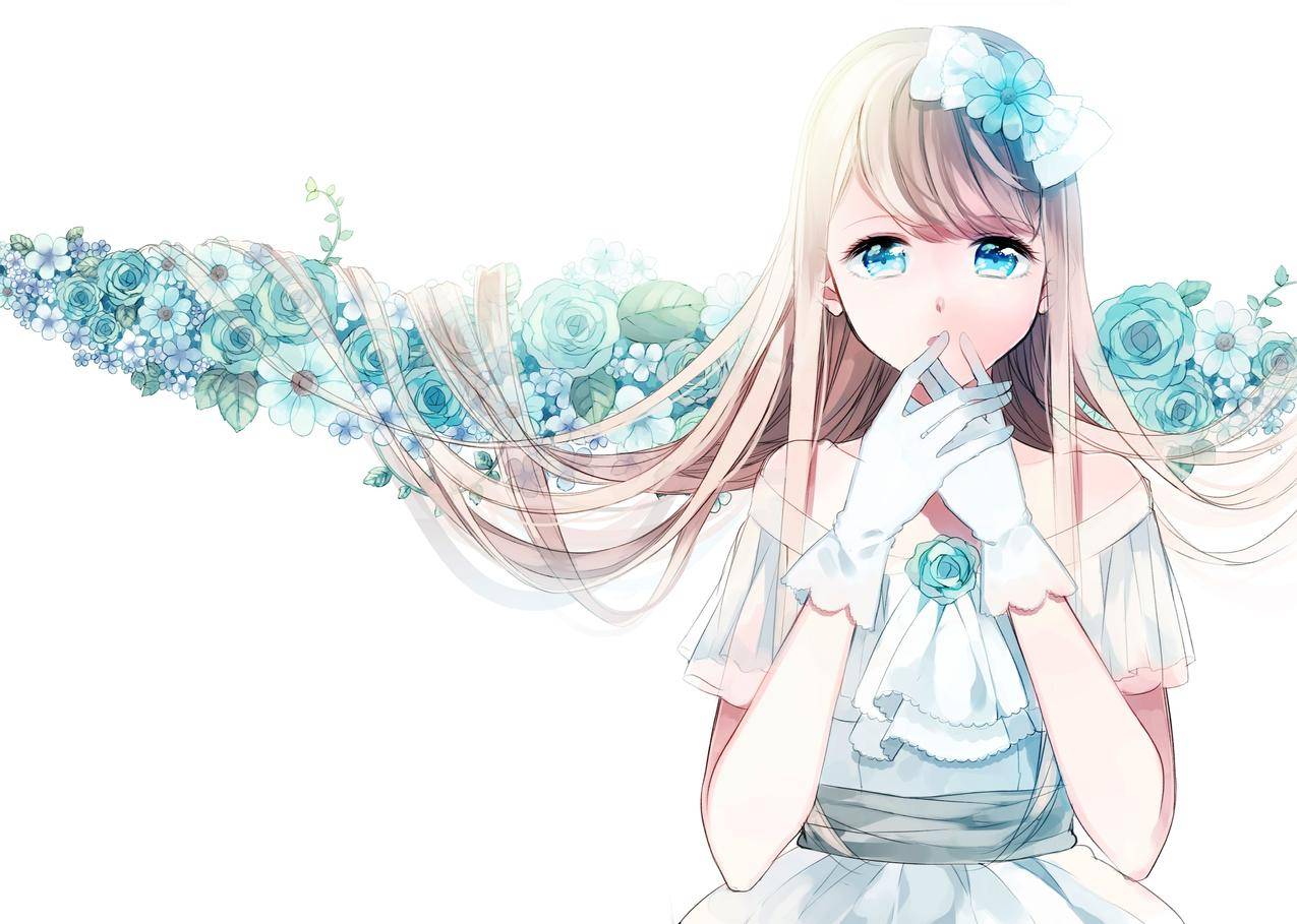 花,白色的礼服,白色背景,蓝色的眼睛,女孩,长长的头发,手套,4K动漫壁纸