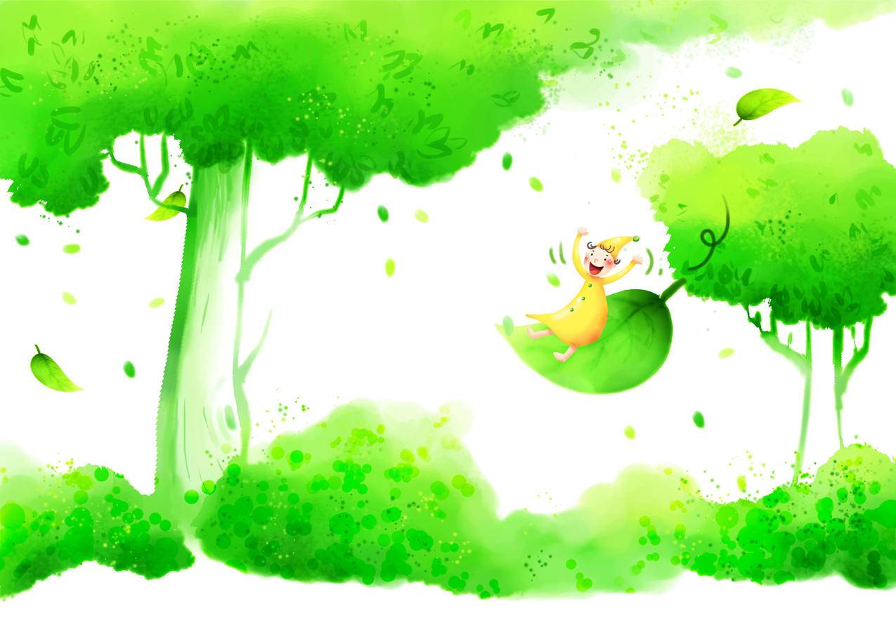 绿色,树,叶子,小孩子,儿童,可爱,5K卡通壁纸