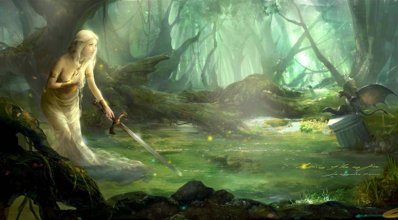 森林河流女孩剑唯美意境绘画图片