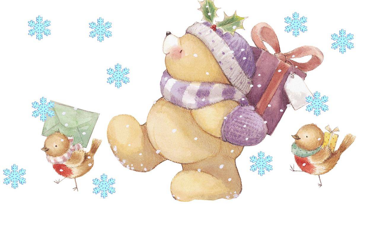 冬天,小鸟,信,雪花,玩具熊,礼品,4k卡通壁纸