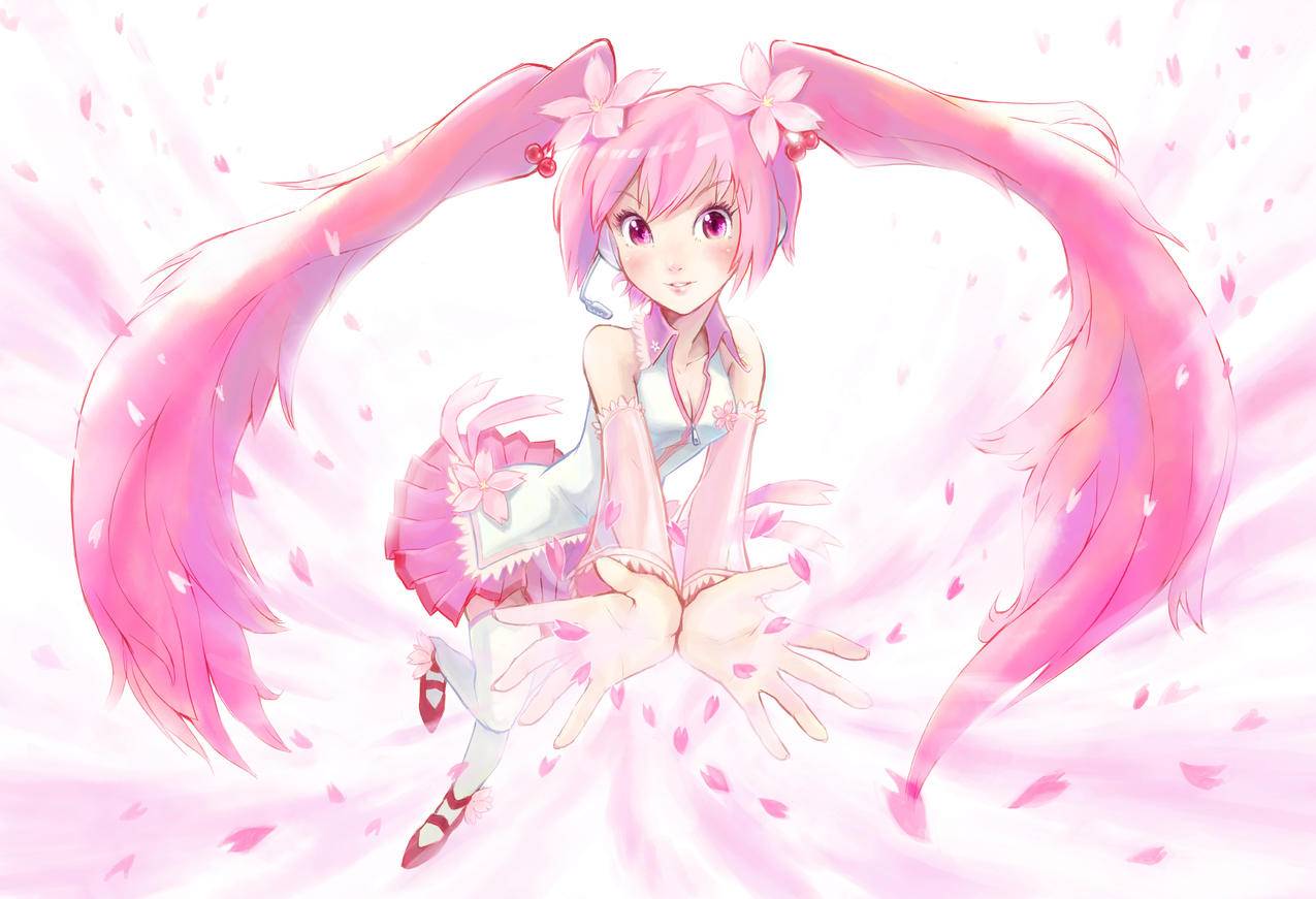 粉色樱花,花瓣,女孩,Vocaloid,初音未来4K壁纸