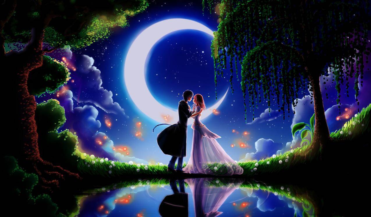 晚上,云,月亮,两个人约会,萤火虫,树木,月亮湖,浪漫夜晚图片