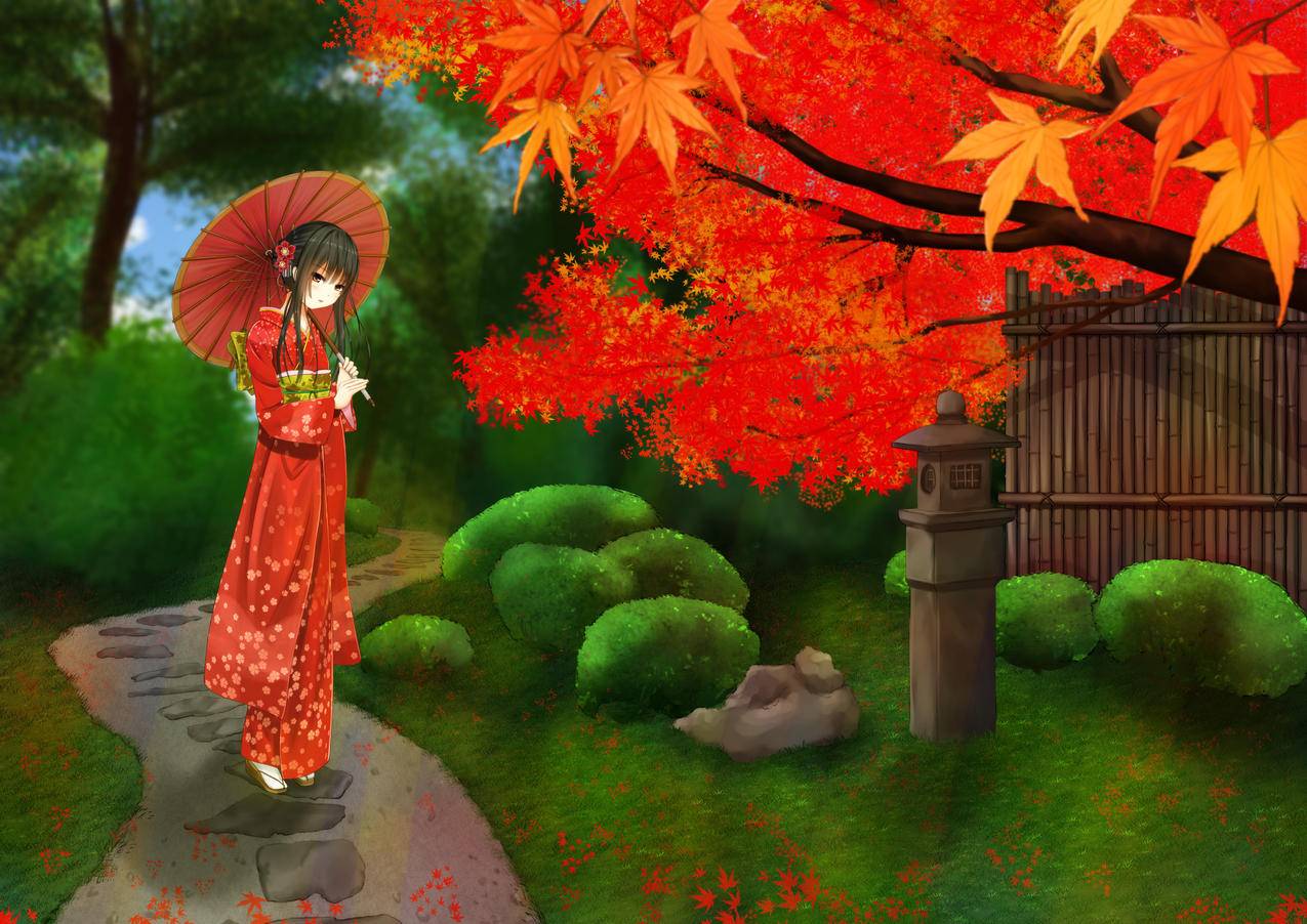 院子,公园,和服,女孩,日本动漫4K壁纸图片